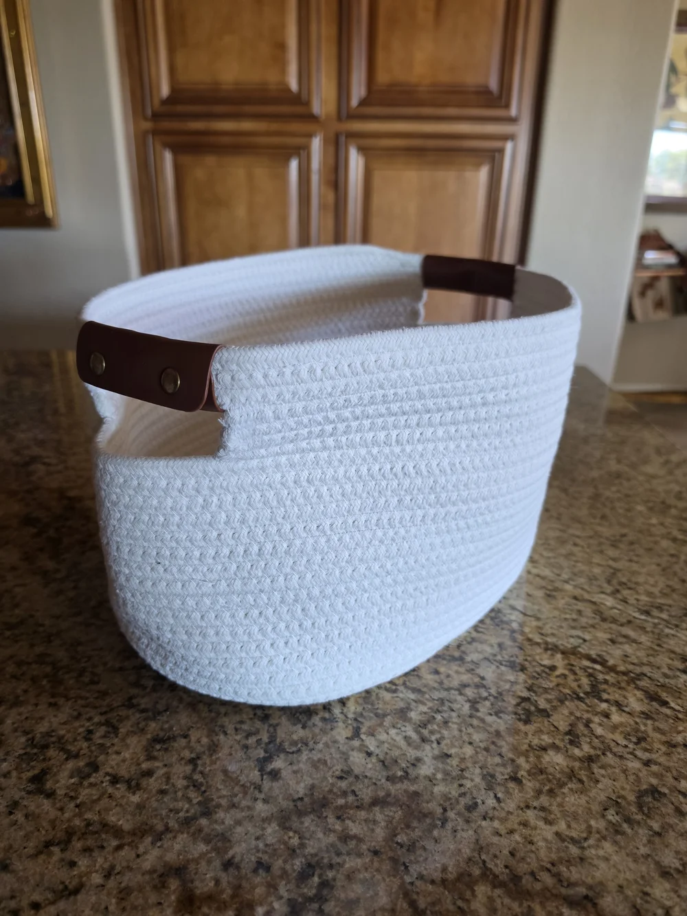 White Woven Rope Storage Basket with Brown Faux Leather Handles Gold Snaps - EUC